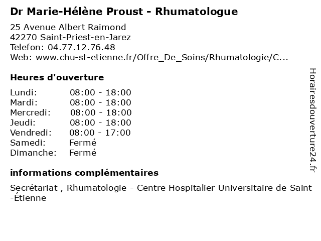 Dr Marie-Hélène Proust - Rhumatologue à Saint-Priest-en-Jarez: adresse et heures d'ouverture