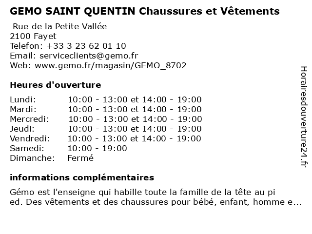 ᐅ Horaires D Ouverture Gemo Saint Quentin Chaussures Et Vetements Rue Antoine Parmentier A Saint Quentin ᐅ Horaires D Ouverture Gemo Saint Quentin Chaussures Et Vetements Rue Antoine Parmentier A Saint Quentin