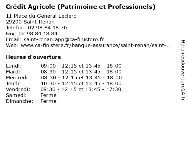 Crédit Agricole (Patrimoine et Professionels) à Saint-Renan: adresse et heures d'ouverture