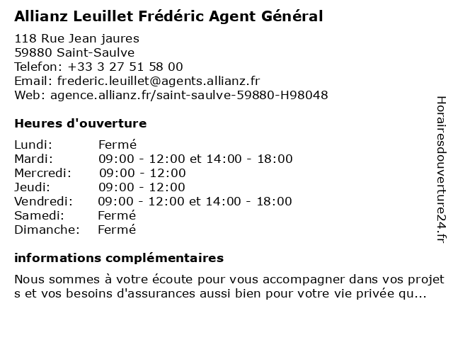Allianz Leuillet Frédéric Agent Général à Saint-Saulve: adresse et heures d'ouverture