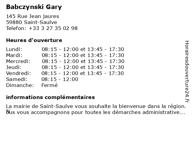Babczynski Gary à Saint-Saulve: adresse et heures d'ouverture