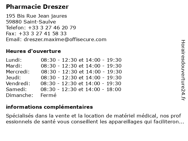 Pharmacie Dreszer à Saint-Saulve: adresse et heures d'ouverture