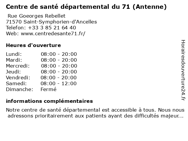 Centre de santé départemental du 71 (Antenne) à Saint-Symphorien-d'Ancelles: adresse et heures d'ouverture