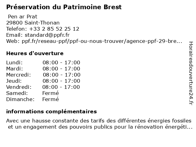 Préservation du Patrimoine Brest à Saint-Thonan: adresse et heures d'ouverture