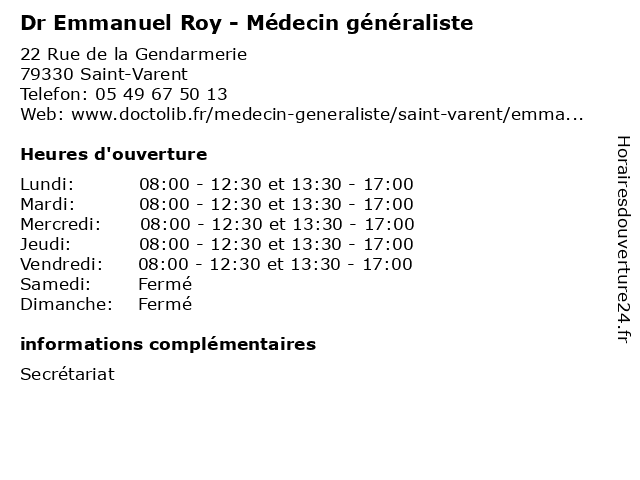 Dr Emmanuel Roy - Médecin généraliste à Saint-Varent: adresse et heures d'ouverture