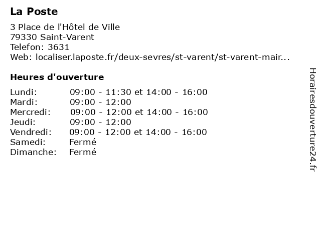 La Poste à Saint-Varent: adresse et heures d'ouverture