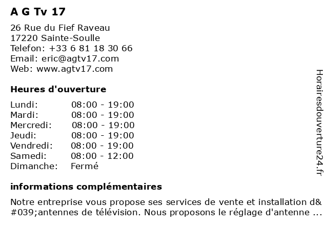 A G TV 17 à Sainte Soulle: adresse et heures d'ouverture