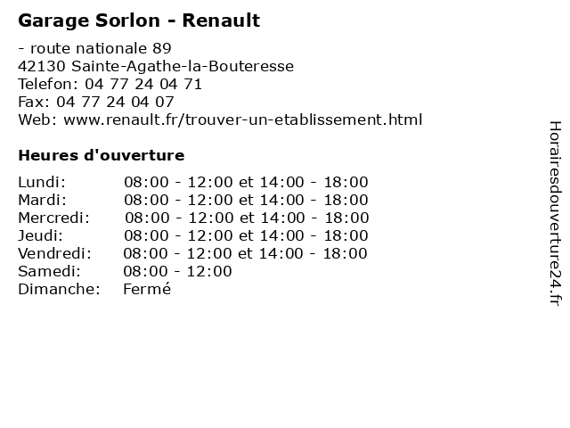 Garage Sorlon - Renault à Sainte-Agathe-la-Bouteresse: adresse et heures d'ouverture