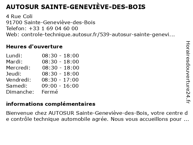 AUTOSUR SAINTE-GENEVIÈVE-DES-BOIS à Sainte-Geneviève-des-Bois: adresse et heures d'ouverture