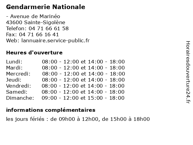 Gendarmerie Nationale à Sainte-Sigolène: adresse et heures d'ouverture