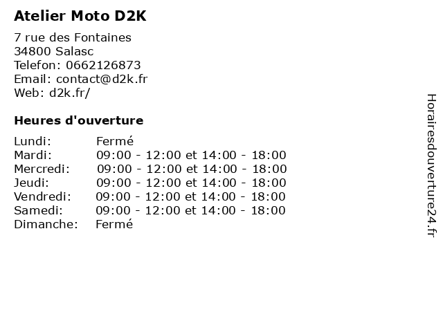 Atelier Moto D2K à Salasc: adresse et heures d'ouverture