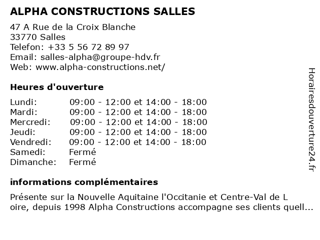 ALPHA CONSTRUCTIONS SALLES à Salles: adresse et heures d'ouverture