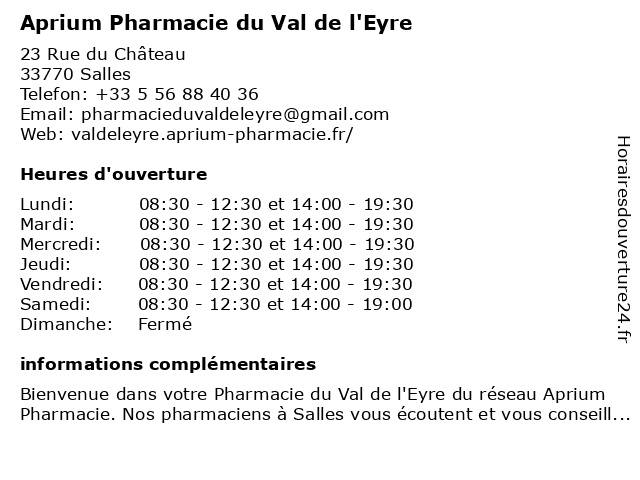 Aprium Pharmacie du Val de l'Eyre à Salles: adresse et heures d'ouverture
