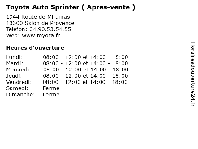 Toyota Auto Sprinter ( Apres-vente ) à Salon de Provence: adresse et heures d'ouverture