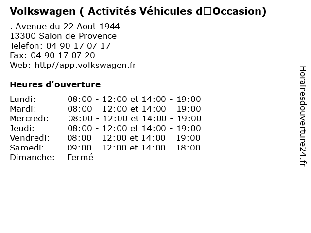 Volkswagen ( Activités Véhicules d’Occasion) à Salon de Provence: adresse et heures d'ouverture