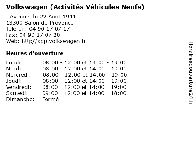 Volkswagen (Activités Véhicules Neufs) à Salon de Provence: adresse et heures d'ouverture