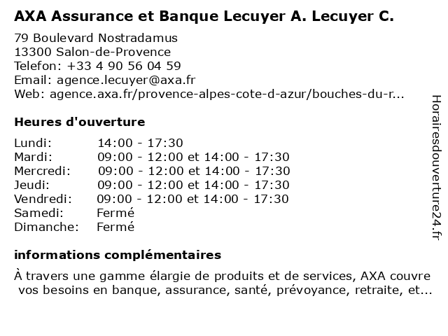 AXA Assurance et Banque Lecuyer A. Lecuyer C. à Salon-de-Provence: adresse et heures d'ouverture