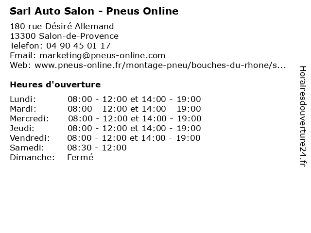 Sarl Auto Salon - Pneus Online à Salon-de-Provence: adresse et heures d'ouverture