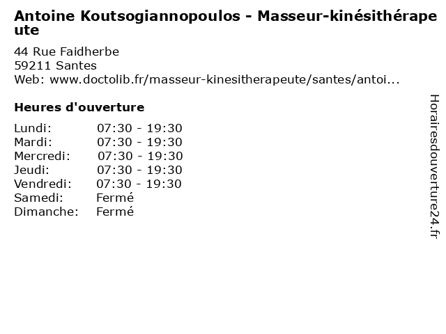 Antoine Koutsogiannopoulos - Masseur-kinésithérapeute à Santes: adresse et heures d'ouverture