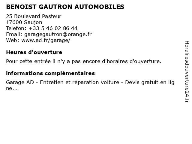 BENOIST GAUTRON AUTOMOBILES à Saujon: adresse et heures d'ouverture