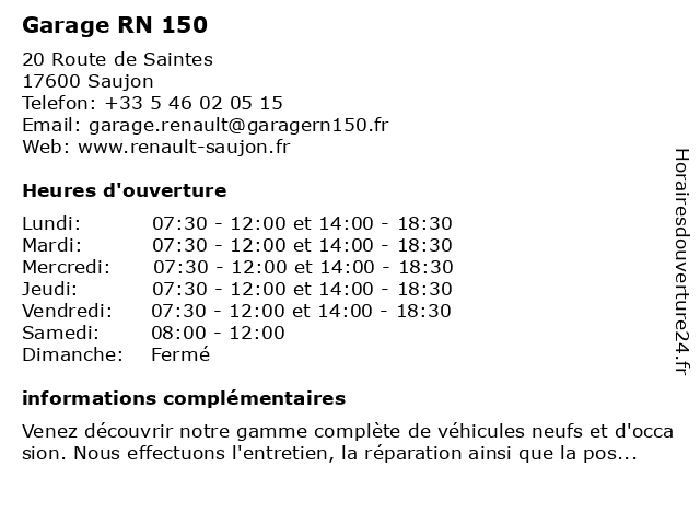 Garage RN 150 à Saujon: adresse et heures d'ouverture