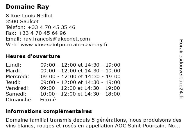 Domaine Ray à Saulcet: adresse et heures d'ouverture