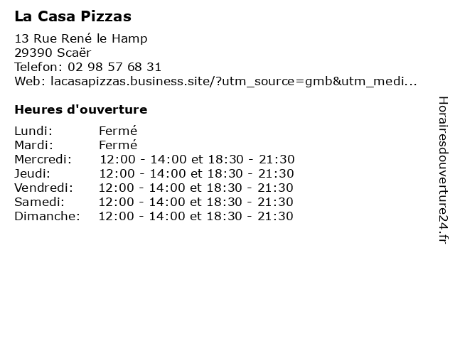 La Casa Pizzas à Scaër: adresse et heures d'ouverture