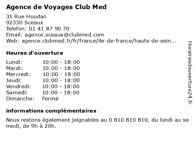 Agence de Voyages Club Med à Sceaux: adresse et heures d'ouverture
