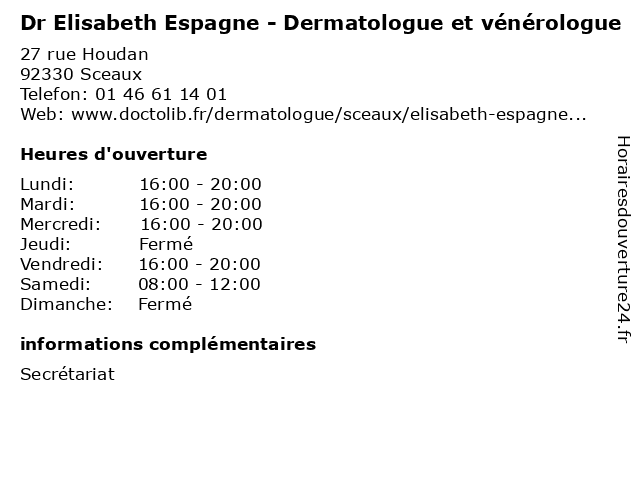 Dr Elisabeth Espagne - Dermatologue et vénérologue à Sceaux: adresse et heures d'ouverture