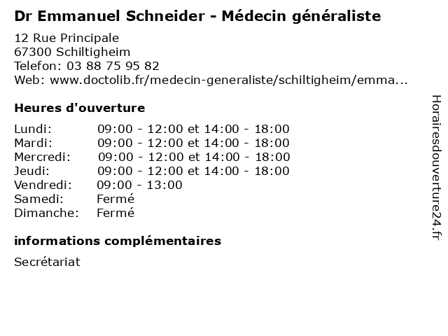 Dr Emmanuel Schneider - Médecin généraliste à Schiltigheim: adresse et heures d'ouverture