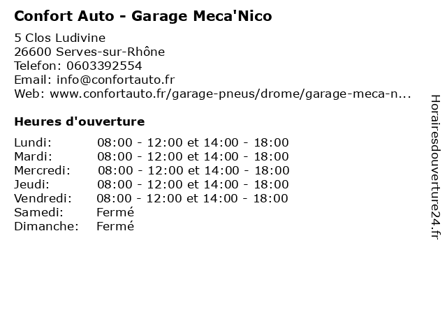 Confort Auto - Garage Meca'Nico à Serves-sur-Rhône: adresse et heures d'ouverture