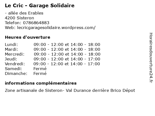 Le Cric - Garage Solidaire à Sisteron: adresse et heures d'ouverture