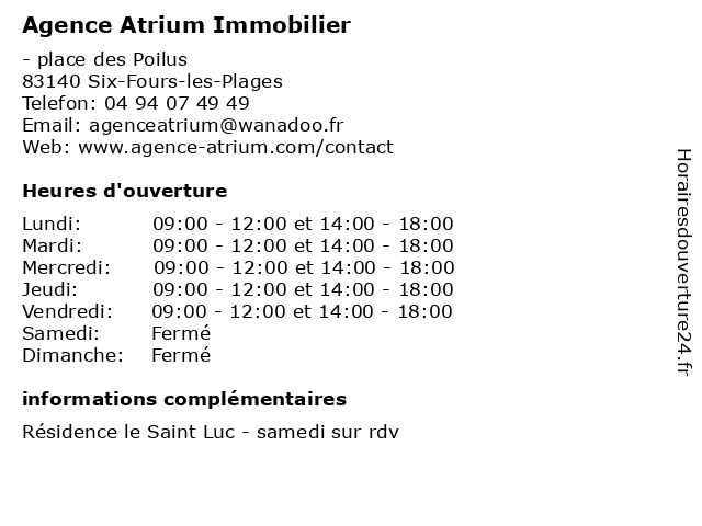 Agence Atrium Immobilier à Six-Fours-les-Plages: adresse et heures d'ouverture