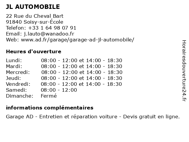 JL AUTOMOBILE à Soisy-sur-École: adresse et heures d'ouverture