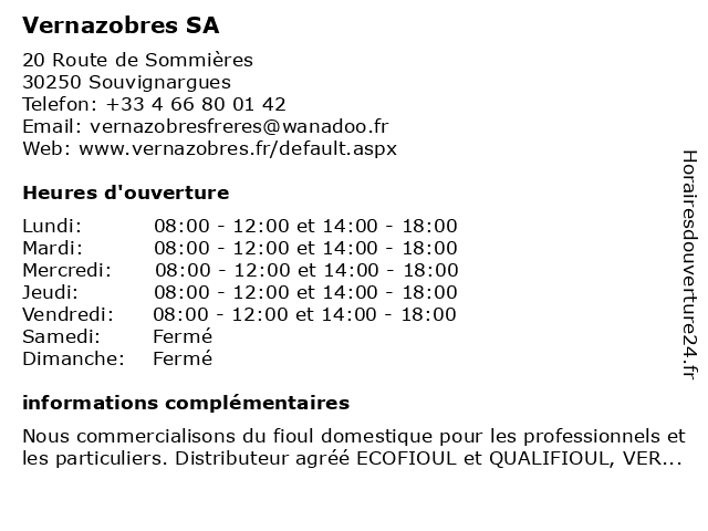 Vernazobres SA à Souvignargues: adresse et heures d'ouverture