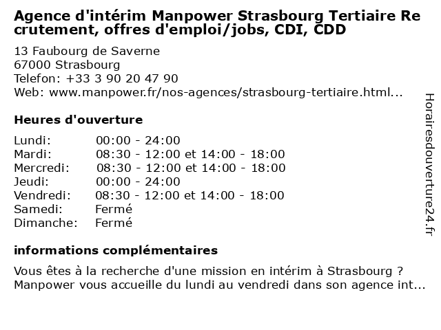 Agence d'intérim Manpower Strasbourg Tertiaire Recrutement, offres d'emploi/jobs, CDI, CDD à Strasbourg: adresse et heures d'ouverture