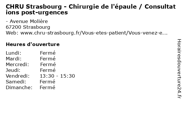 CHRU Strasbourg - Chirurgie de l'épaule / Consultations post-urgences à Strasbourg: adresse et heures d'ouverture