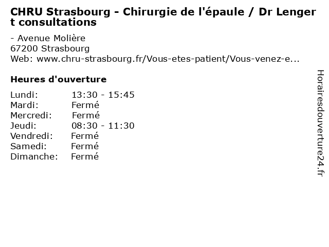 CHRU Strasbourg - Chirurgie de l'épaule / Dr Lengert consultations à Strasbourg: adresse et heures d'ouverture