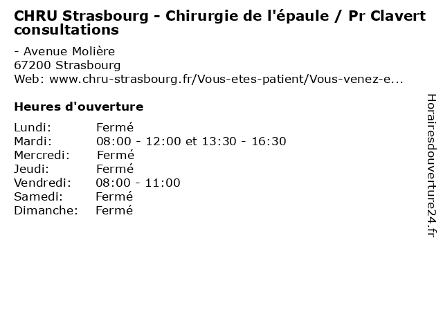 CHRU Strasbourg - Chirurgie de l'épaule / Pr Clavert consultations à Strasbourg: adresse et heures d'ouverture