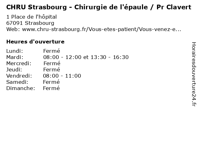 CHRU Strasbourg - Chirurgie de l'épaule / Pr Clavert à Strasbourg: adresse et heures d'ouverture
