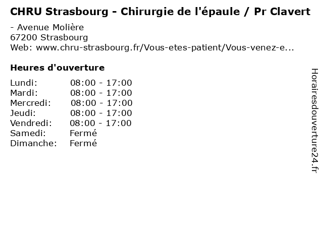 CHRU Strasbourg - Chirurgie de l'épaule / Pr Clavert à Strasbourg: adresse et heures d'ouverture
