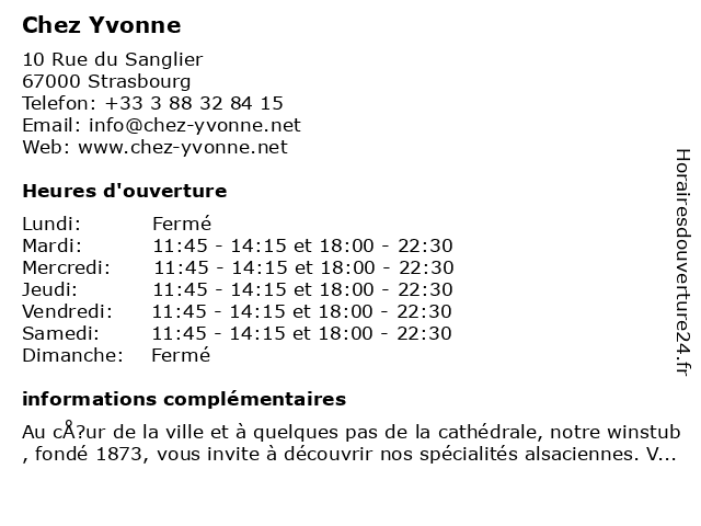 Chez Yvonne à Strasbourg: adresse et heures d'ouverture