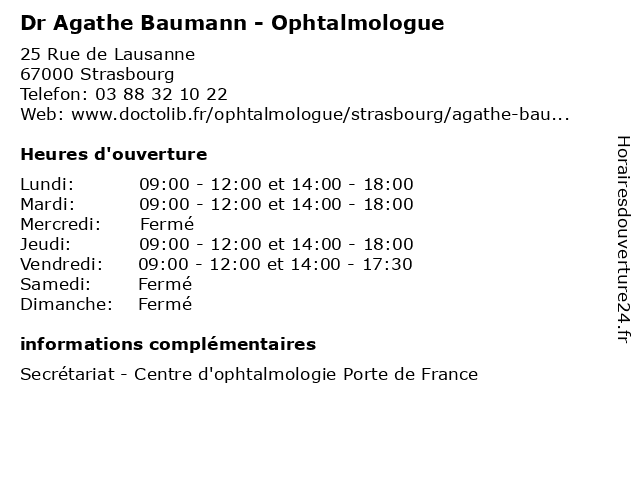 Dr Agathe Baumann - Ophtalmologue à Strasbourg: adresse et heures d'ouverture