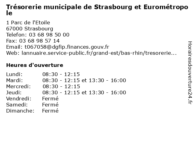 Trésorerie municipale de Strasbourg et Eurométropole à Strasbourg: adresse et heures d'ouverture