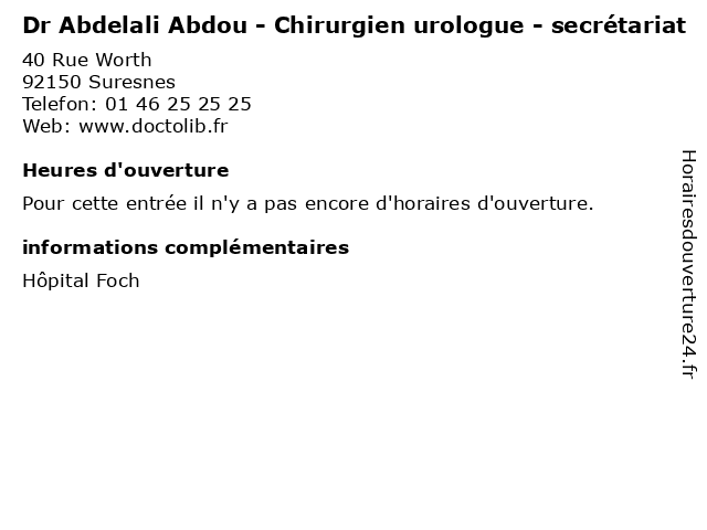 Dr Abdelali Abdou - Chirurgien urologue - secrétariat à Suresnes: adresse et heures d'ouverture