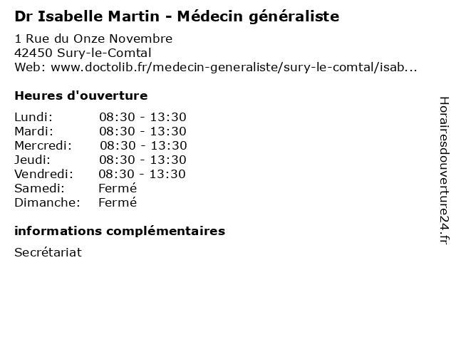 Dr Isabelle Martin - Médecin généraliste à Sury-le-Comtal: adresse et heures d'ouverture