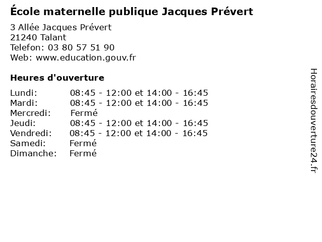 École maternelle publique Jacques Prévert à Talant: adresse et heures d'ouverture