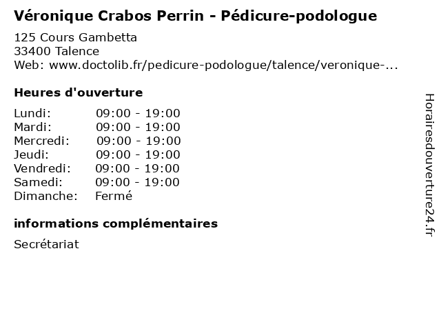 Véronique Crabos Perrin - Pédicure-podologue à Talence: adresse et heures d'ouverture