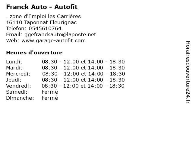 Franck Auto - Autofit à Taponnat Fleurignac: adresse et heures d'ouverture