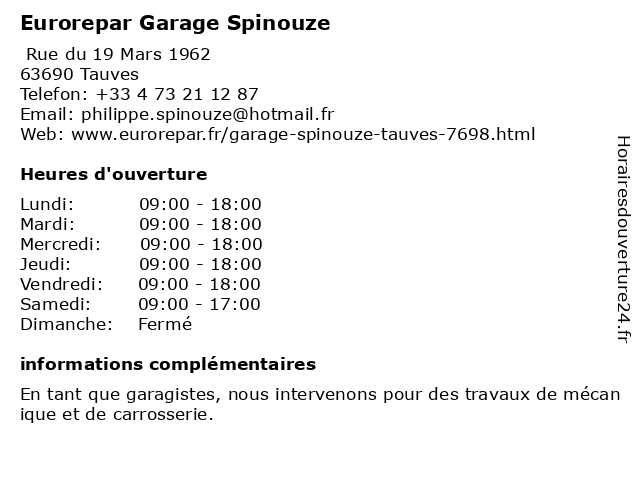 Eurorepar Garage Spinouze à Tauves: adresse et heures d'ouverture